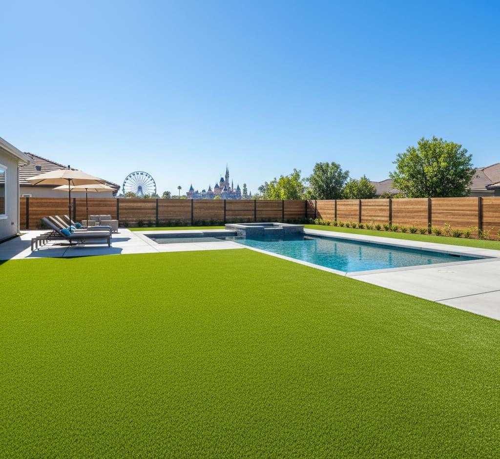 A beautiful artificial grass installation in an Anaheim home's backyard.