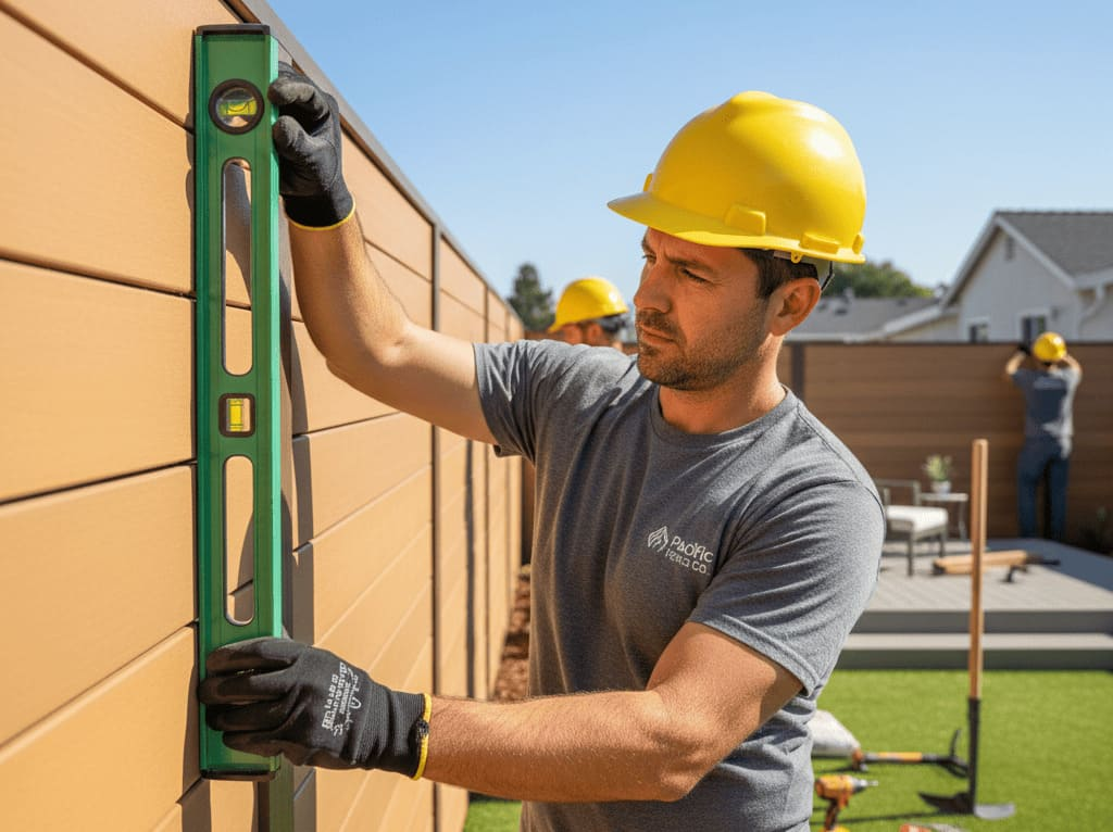 A local Anaheim fence builder carefully sets a post for a new fence installation.