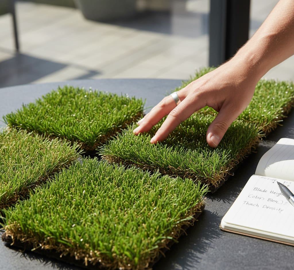 Choosing the best artificial grass Anaheim from different material samples.