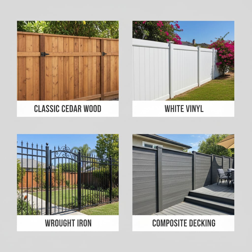 Different types of fencing available in Anaheim, including wood, vinyl, and iron