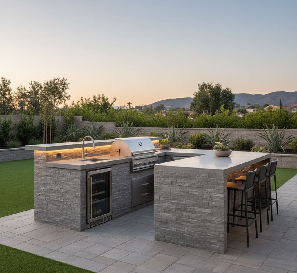 Modern hardscaping Anaheim design featuring an outdoor kitchen.
